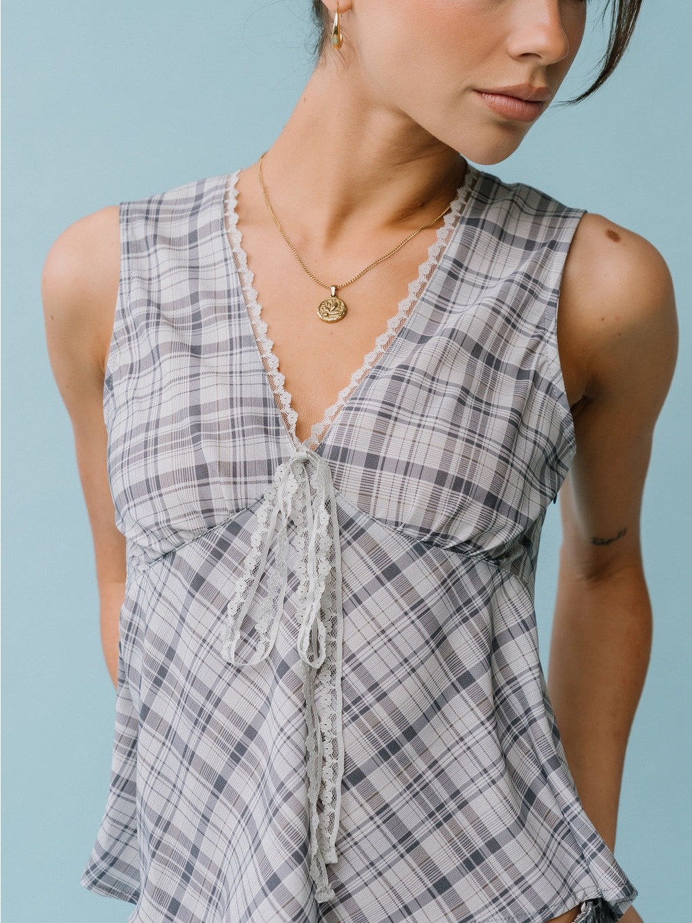 Böhme Plaid Lace Trim Tank Top gray blue Coquette M Y2K Sleeveless Women NWT